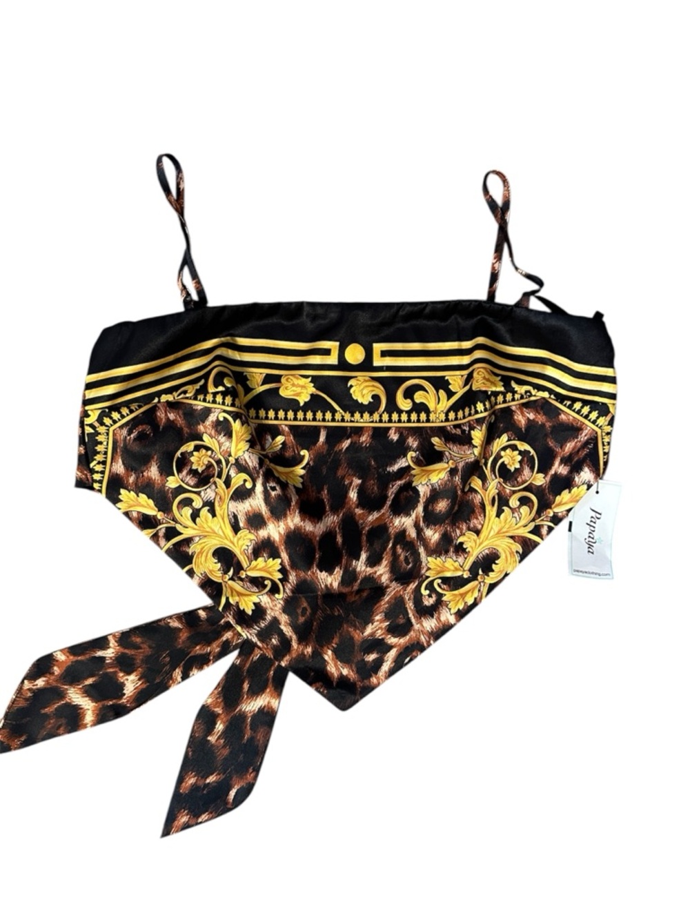 Papaya Brown & Black Leopard Print Scarf Top. Ties in the Back. Size Large. NWT